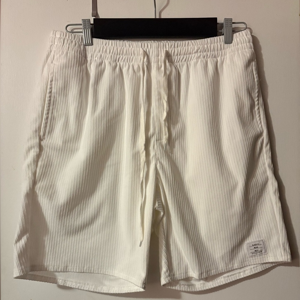 White Corduroy Casual Drawstring Shorts